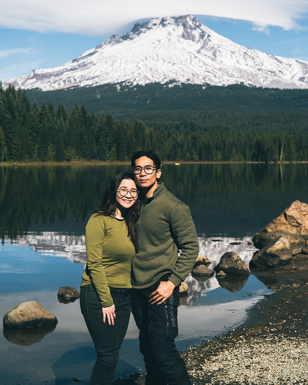 Cinematic Surprise Proposal at Trillium Lake with the View of Snowy Mount Hood — photograph 2 of 10